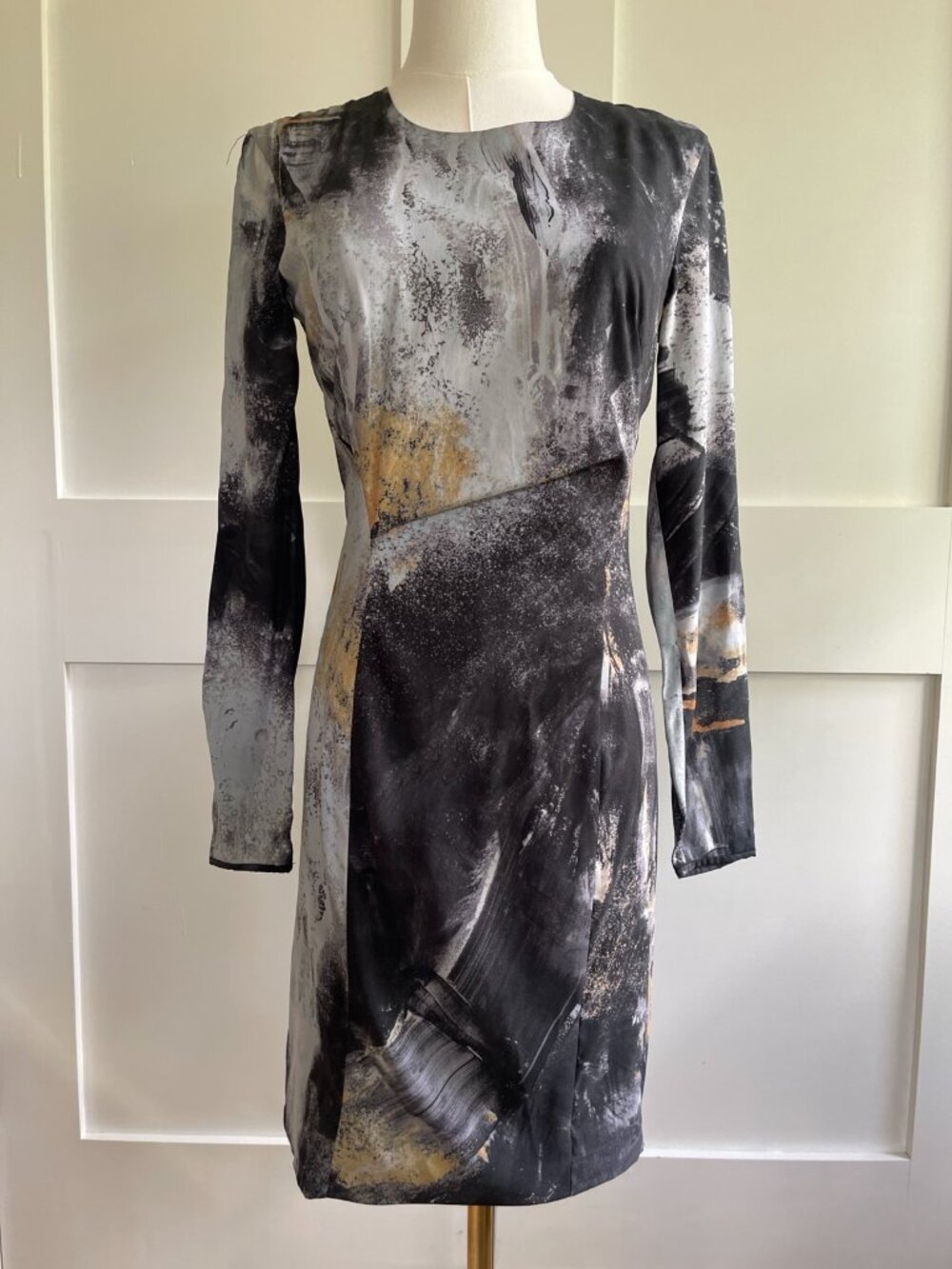Helmut Lang Powder Print Silk Blend Sheath Dress Size 2 Abstract Long Sleeve